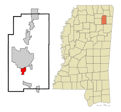 Location within Lee county and the مسیسپی