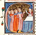 Een bisschop geeft instructies aan monniken met lepra, British Library; Royal 6 E. VI, f.301. Ook hier kan het verkeerdelijk aanzien worden als de pest.