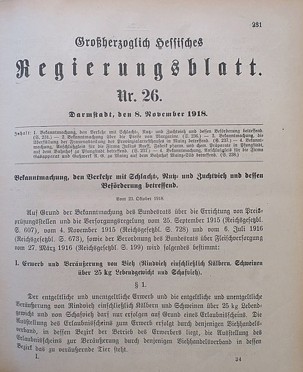 Final issue of the Grand Duchy of Hesse's gazette, 8 November 1918, one day before the fall of the Grand Duchy.
