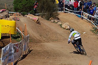 Australian rider Jared Rando takes the A line at the 2009 UCI World Mountain Bike Championships in Canberra, Australia. MTB downhill 18 Stevage.jpg