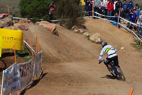 Australian rider Jared Rando takes the A line at the 2009 UCI World Mountain Bike Championships in Canberra, Australia.