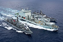 The Chilean Navy frigate Almirante Lynch and the Indian Navy frigate Sahyadri perform a replenishment-at-sea with Asterix off the coast of Hawaii during Rim of the Pacific (RIMPAC) 2018 exercise on 28 July 2018 MV Asterix replenishes the frigates Almirante Lynch (FF-07) and INS Sahyadri (F49) off Hawaii on 28 July 2018 (180728-N-CW570-1105).JPG