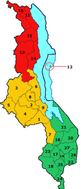 Klakebla mapo de Malavio ekspozicianta ĝiajn 28 distriktojn.