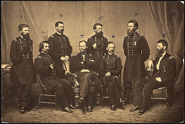 Major General William T. Sherman, Commanding Military Division of the Mississippi, and his Generals, 1. Maj. Gen. O. O. Howard; 2. Maj. Gen. John A. L