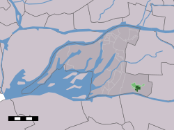 Das Dorfzentrum (dunkelgrün) und das statistische Viertel (hellgrün) von Dussen in der Gemeinde Werkendam (grau).