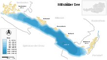 Karta över Millstätter See, med omkringliggande orter.