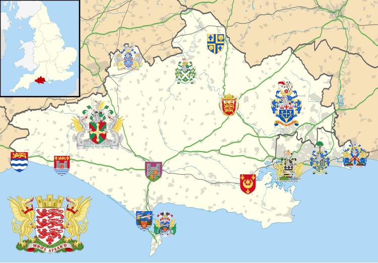 A map of municipal arms in use, or formerly in use, across Dorset. Map of Coats of Arms of Municipalities of Dorset.svg