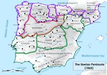 Map of the Iberian Peninsula around 1060, with Coimbra near the southern border of Galicia. Map of the Iberian Peninsula (1060).svg