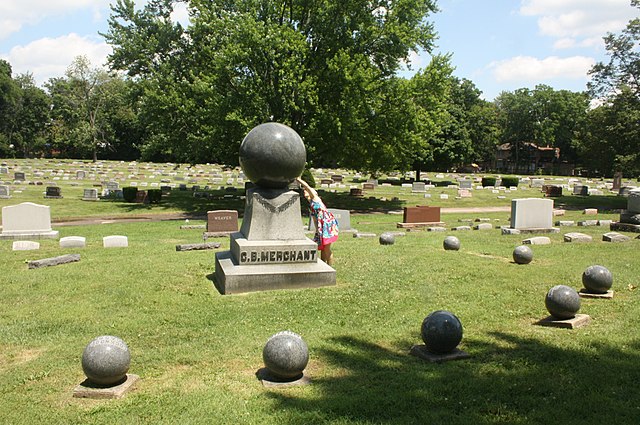 Moving sphere atop the Merchant family grave marker in Marion Cemetery