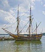 A modern reconstruction and replica of a small 17th Century English trading ship, the Maryland Dove at St. Mary's City, Maryland is approximately the same size as her namesake, the c. 1630 Dove which accompanied The Ark on the historic trans-oceanic voyage in late 1633 and early 1634. Maryland Dove.jpg