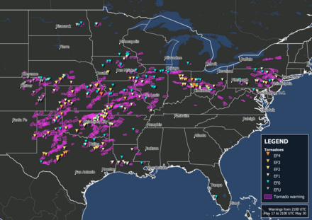 A map of tornadoes and tornado warnings during the May 2019 outbreak May 2019 tornado outbreak warnings and reports.png