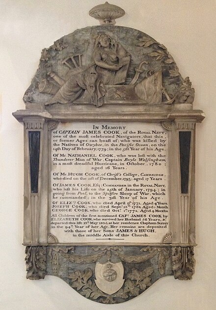 Memorial to James Cook and family in St Andrew the Great church, Cambridge, England