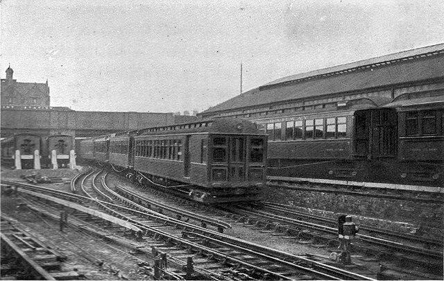 A Mersey Railway electric multiple unit (EMU) having just departed from Birkenhead Park for Liverpool.