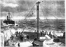 Trials of the Metcalfe system in 1902 between the battleship HMS Trafalgar and collier. Metcalfe trial 1902.jpg