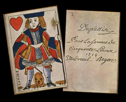 A 1714 playing card had the same currency value in the colony of New France as minted currency. Monnaie de carte du Canada, 1714 (recto-verso).png