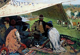 Princes of Kievan Rus' make peace in Uvetichi. Painting by Sergey Ivanov Monomachos at Uvetichi.jpg