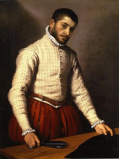 El sastre, en gregüescos (stuffed or "bombasted" hose en inglés, o sea calzas rellenas y abombadas), pintado hacia 1565-70 por Giovanni Battista Moroni.