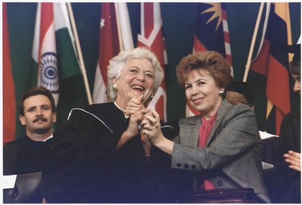 Bush delivered a famous commencement address at Wellesley College in 1990; she was joined by Raisa Gorbacheva, wife of Soviet president Mikhail Gorbachev.