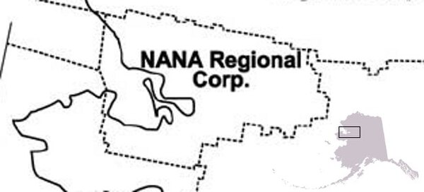 Map showing NANA's region, with an inset showing the region in relation to Alaska as a whole.  Adjacent regions are those of Arctic Slope Regional Corporation (to the north), Bering Straits Native Corporation (to the south) and Doyon, Limited (to the east).