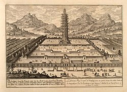 Porcelánová pagoda na ilustraci rakouského atlasu architektury Johanna Bernharda Fischera, 1721