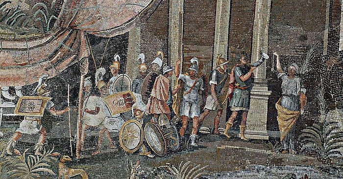 Hellenistic soldiers c. 100 BC, Ptolemaic Kingdom, Egypt; detail of the Nile mosaic of Palestrina.
