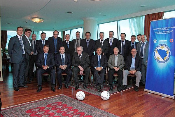 Head of normalization committee BiH Ivica Osim, woth Dušan Bajević, Faruk Hadžibegić, Jasmin Baković and UEFA guests Michel Platini, Allan Hansen, Pet