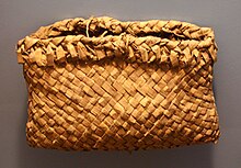 Ojibwa pouch for holding wild rice, cedar bark, American Museum of Natural History Ojibwa cedarbark bag rice ANHM.jpg