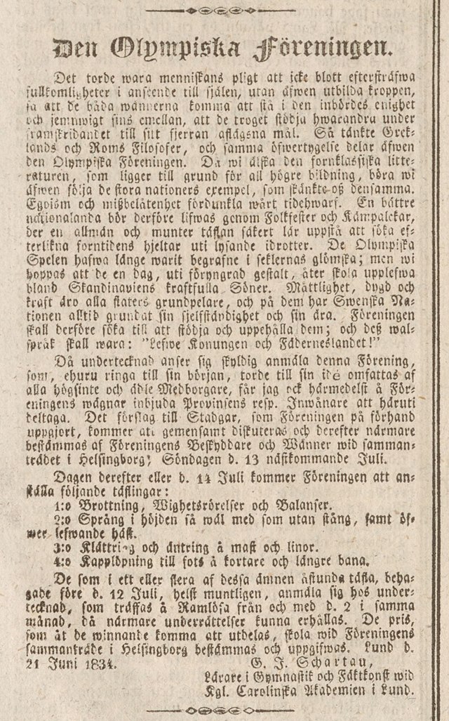 Upprop för Olympiska föreningen publicerad i Helsingborgs-Posten den 28 juni 1834.