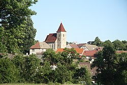 Overview of Želetava and church of Saint Catherine in Želetava, Třebíč District.jpg