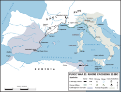 Mapa del Mediterráneo occidental y el control cartaginés de Iberia en su mayor extensión, 217 a. C.