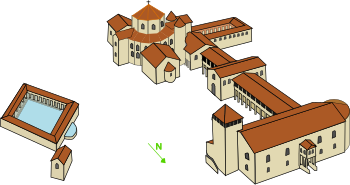 Drawing attempt at a reconstruction of the Aachen Royal Palace based on a reconstruction by Albert Huyskens and Joseph Buchkremer from 1924/25