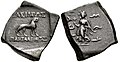 Coinage of Pantaleon with dancing woman (Lakshmi?) and lion