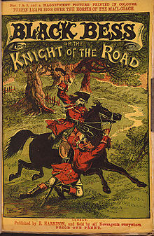 Portada de un libro titulado "BLACK BESS or the KNIGHT OF THE ROAD". Un hombre vestido de rojo cabalga un caballo negro, a mitad de un galope, por un bosque. Otro hombre sostiene las riendas y parece que está siendo arrastrado.