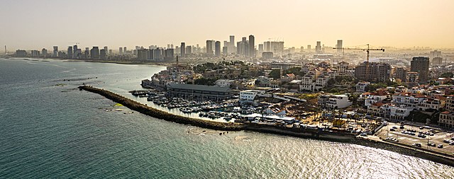 Aerial view of old Jaffa and port with Tel Aviv behind