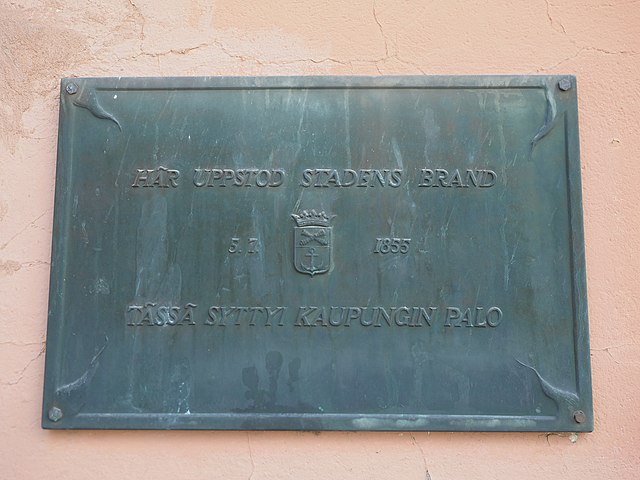 A plaque in central Loviisa marking the spot where the fire started on 5 July 1855.