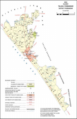 Peta yang menunjukkan Kantela (#206) di taluka dari Porbandar