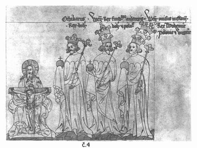 Last three Přemyslid kings according to illumination from the Chronicon Aulae regiae: Přemysl Ottokar II (one crown – Bohemia), Wenceslaus II (two cro