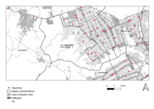 Mapa gerado pelo software QGIS. É possível identificar dentro da RA do Sol Nascente há somente 2 unidades de apoio de segurança pública chefiadas pela PMDF, são eles o 71ª Posto Comunitário Segurança e 74ª Posto Comunitário Segurança.