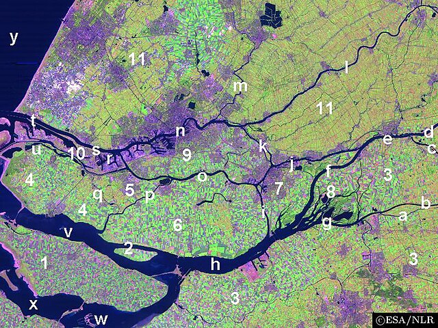 Satellite image of the northwest part of the Rhine-Meuse delta showing the Nieuwe Waterweg (t).