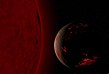 Impressie van de verschroeide, onleefbaar geworden aarde wanneer de zon een rode reus wordt over ongeveer 7 miljard jaar.
