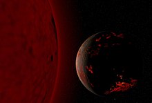 O sferă gri și roșie care reprezintă pământul ars se află pe un fundal negru în dreapta unui obiect circular roșu care reprezintă soarele.