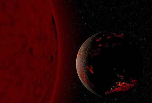 Impressie van de verschroeide, onleefbaar geworden aarde wanneer de zon een rode reus wordt over ongeveer 7 miljard jaar.