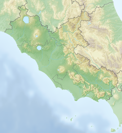 Mapa konturowa Lacjum, w centrum znajduje się punkt z opisem „miejsce bitwy”