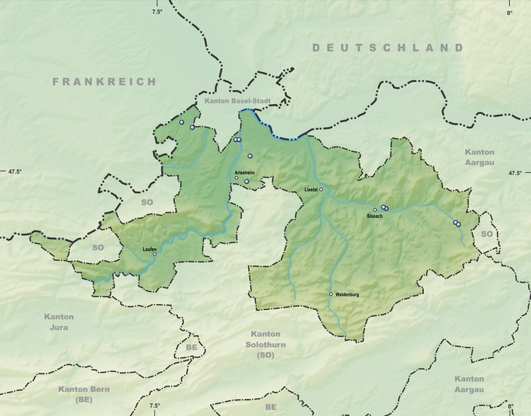 Reliefkarte Basel-Landschaft Seen