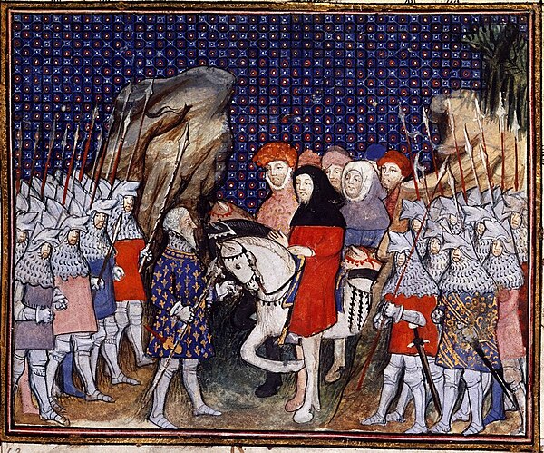 Richard II met by his enemies—led by Erpingham—after the King was lured by the Earl of Northumberland from Conwy Castle (from La Prinse et mort du roy