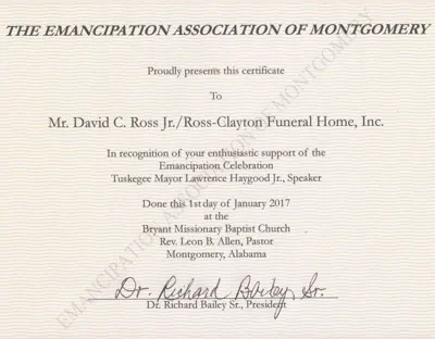 File:Ross Clayton Funeral Home Certificate by Emancipation Association of Montgomery.webp