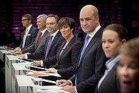 The final election debate on SVT. Party leaders Hagglund (KD), Ohly (V), Bjorklund (FP), Sahlin (S), Reinfeldt (M), Wetterstrand (MP), and Olofsson (C). SVT valdebatt 2010.jpg