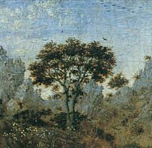 Detail showing flora and birds in flight (Turin). The transitions between cloud and sky are achieved through hatching. A rectangular area of overpaint is visible as a broad stroke immediately above the tree.