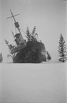 Sampo grounded and camouflaged with tree branches. Sampo grounded 1940.jpg