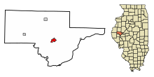 Schuyler County Illinois Sisällytetyt ja rekisteröimättömät alueet Rushville Highlighted.svg